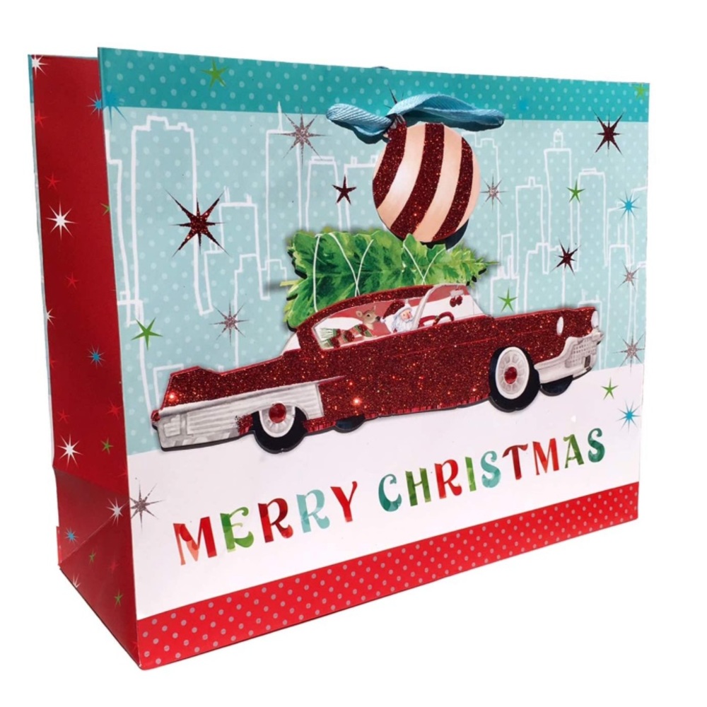 Molly & Rex Retro Santa in Antique Car Glitter Embellished 3-D Vertical Gift Bag